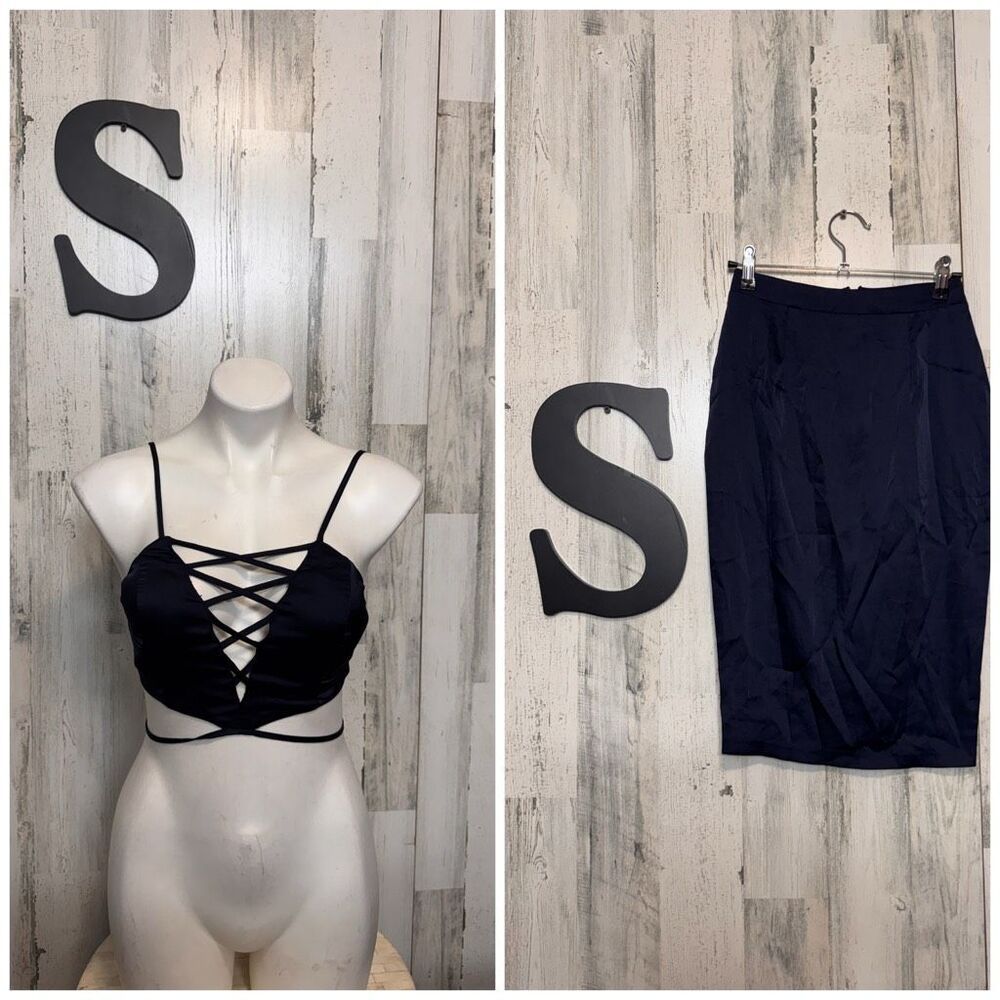 Miss Avenue Navy Blue Satin 2-Piece Lace-Up Crop Top & Pencil Skirt Set Women’s